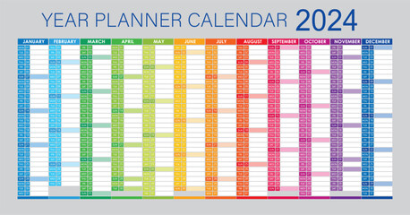 2024 Year Planner - Wall Planner Calendar Colorful - Full Editable - Vector Light	
