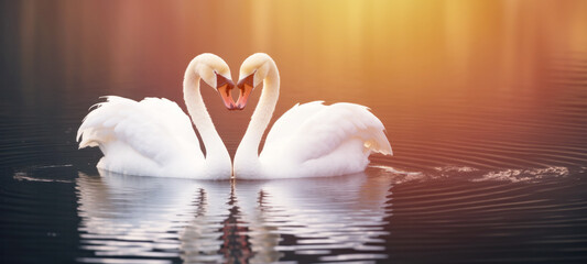 Heart shape of love symbol from the neck of two white swans. kiss each other on Lake Sea at the...