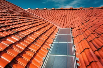 Solar panel on a vibrant roof. Generative AI
