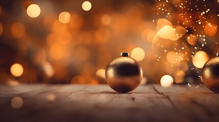 Fototapeta premium Christmas ornaments glass ball with snow inside. Christmas decorations transparent ball empty, hanging on golden ribbon, gold glitter confetti, bokeh lights. 