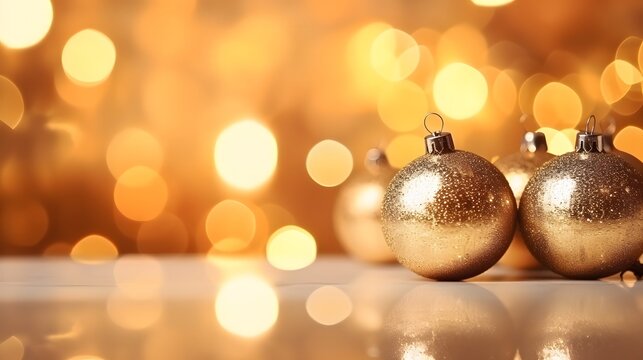 Christmas ornaments glass ball with snow inside. Christmas decorations transparent ball empty, hanging on golden ribbon, gold glitter confetti, bokeh lights. 