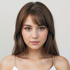 Fototapeta premium portrait of a beautiful young woman with brown hair on white background, copy space and empty space for text