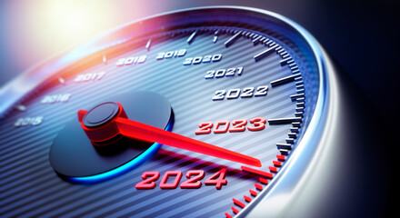 Dark blue illuminated speedometer with needle moving to the year number 2024