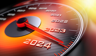 Dark stylish speedometer with orange light and needle moving to the year 2024