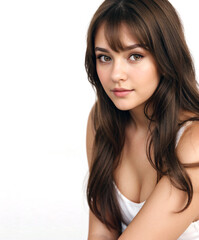 Obraz premium portrait of a beautiful young woman with brown hair on white background, copy space and empty space for text