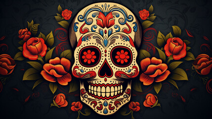 Beautiful Mexican skull design with a weathered and aged appearance, reminiscent of traditional Mexican folk art