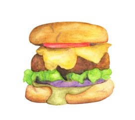 Watercolor of Burger. Fast food menu item Illustration, food drawing in vintage style.