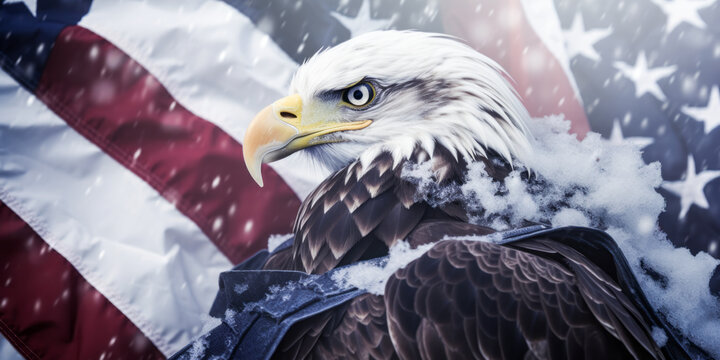 Intense, an eagle shrouded in American flag braves the winter chill, symbolic of patriotism and underlying despair.
