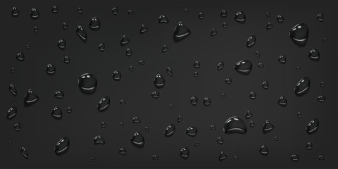Realistic transparent raindrops a window surface, abstract wet texture and dew. Condensate on glass from a shower steam or fog on a dark background. 3D vector illustration.