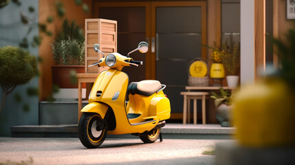 Delivery yellow scooter in front of the entrance door - obrazy, fototapety, plakaty
