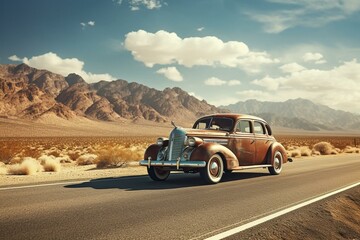 Vintage vehicle cruising along a desert road. Generative AI