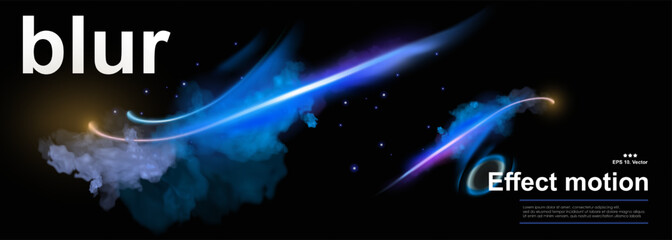 Effect of a blurred directional beam with flash and thick colored smoke. Night flash of neon laser or beam in motion. Bright glowing dynamic element on black background. Flying flash with blur effect