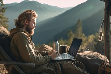 Freelancer man working online while hiking in the mountain - obrazy, fototapety, plakaty