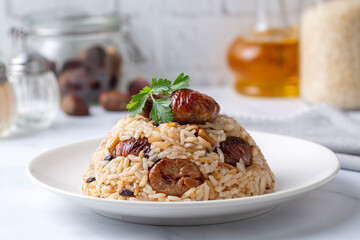 Traditional delicious Turkish food; chestnut rice pilaf (Turkish name; kestaneli pilav)