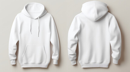 A white hoodie mockup, isolated on a hanger, highlighting the front view and back view