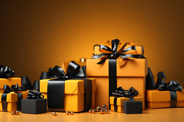 Black and yellow gift boxes with ribbons and bows on orange background