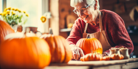 Charming grandmother in cozy sweater carving pumpkin on wooden kitchen table, symbolizing family traditions and festive mood. - obrazy, fototapety, plakaty