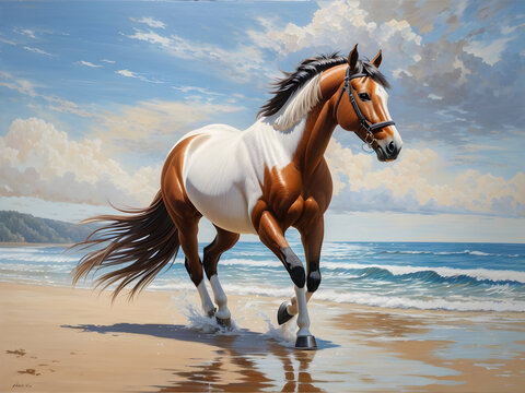 oil painting creative art of a most beautiful horse is walking along the beach. 