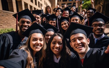 A group of students from different cultures taking a selfie on graduation day. Generative AI