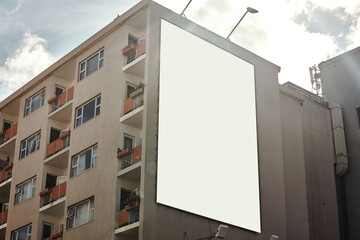 Apartment building, mockup space and advertising billboard, commercial housing and real estate in...