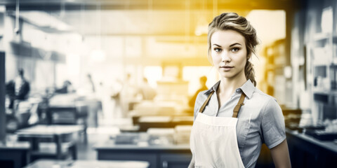 Inviting young saleswoman in apron, poised for customer arrival. - obrazy, fototapety, plakaty