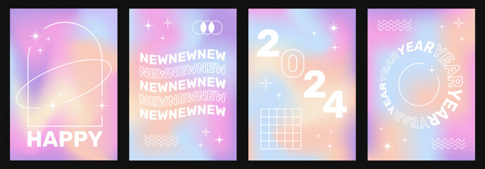 Set of retro posters with 2024 year invitation in Y2K aesthetics with holographic background and geometric shapes and frames.