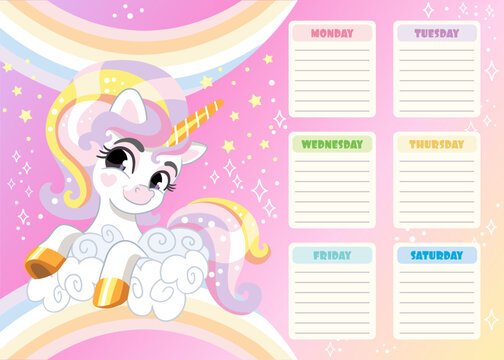 Cute kawaii unicorn printable weekly planner vector