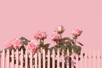 isolated tall roses fence on pink. Generative AI