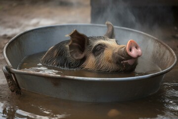 Relaxed pig soaking in hot pan. Generative AI