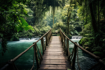 Wooden footbridge gracefully arches over a crystal-clear, meandering river, framed by lush greenery, beckoning explorers to embrace the serenity of nature's tranquility