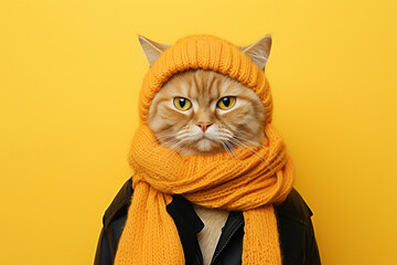 Vibrant orange cat strikes a pose in a stylish scarf on yellow