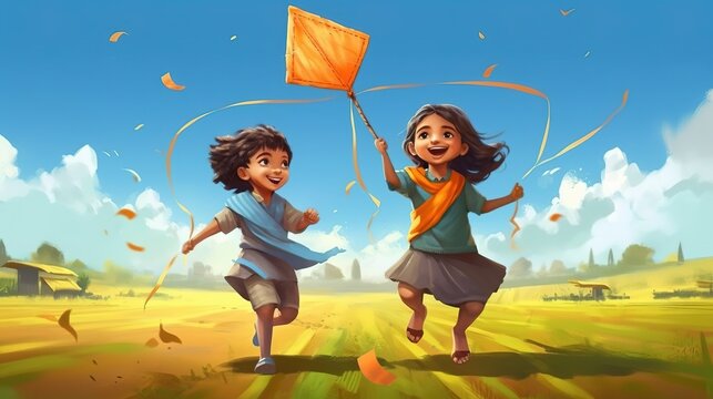 Makar Sakranti, Kids flying kite, Generative ai.