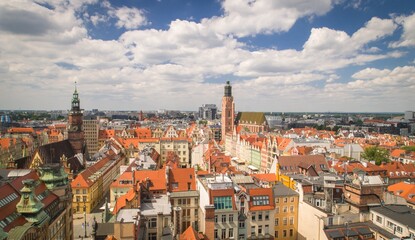 Panorama of the market square in Wroclaw. Town Hall of Lower Silesia Poland - obrazy, fototapety, plakaty