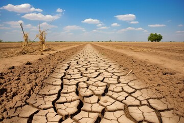 Effects of drought on crops during summer due to extreme heat in changing climate. Generative AI - obrazy, fototapety, plakaty