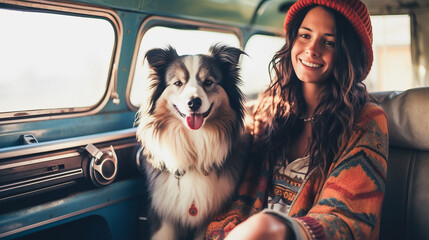 Captivating young hippie woman relaxing with her dog in a vintage van.