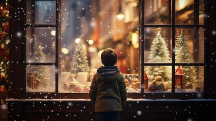 Young boy captivated by enchanting Christmas window, immersed in festive urban wonder. - obrazy, fototapety, plakaty