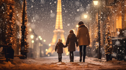 Magical Parisian scene: Mother and son and daughter enjoy festive street with Eiffel Tower backdrop - obrazy, fototapety, plakaty