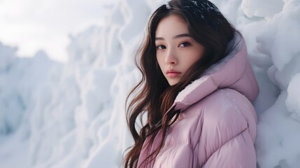 A woman in a pink coat leaning against a snowy wall