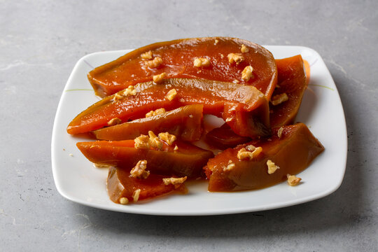 Traditional delicious Turkish cuisine; Pumpkin dessert or jam (Turkish name; Kirecte kabak receli or kabak tatlisi)