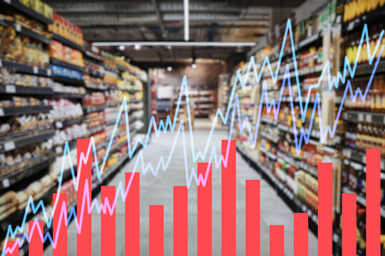 Chart, double exposure and supermarket for inflation increase in cost of living crisis with stats, numbers or data. Graph, analytics and percentage for economy, gdp growth and shopping mall for food
