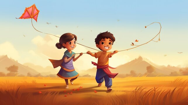 Makar Sakranti, Kids flying kite, Generative ai.