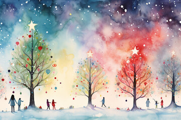 Watercolour of merry christmas, Christmas tree decoration.