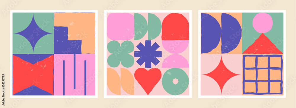 Sticker minimal geometric pattern set with abstract and primitive shapes, bauhaus and mid-century modern ins
