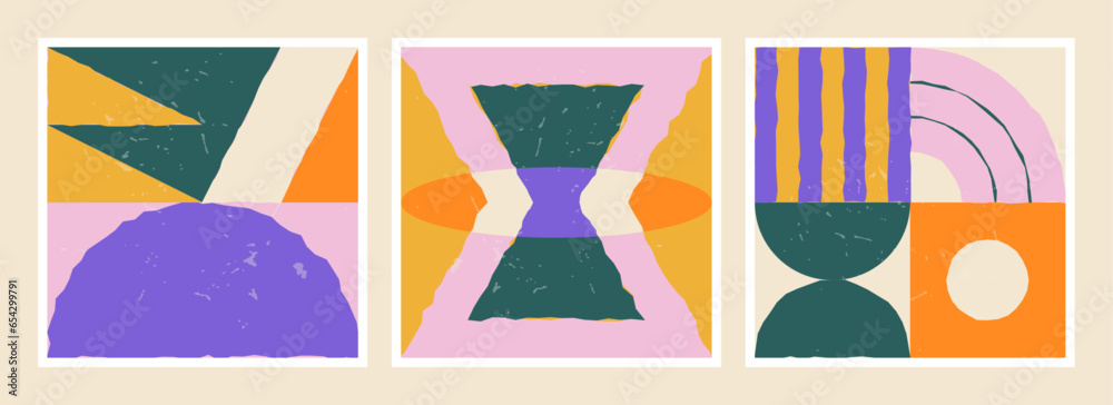 Poster minimal geometric pattern set with abstract and primitive shapes, bauhaus and mid-century modern ins