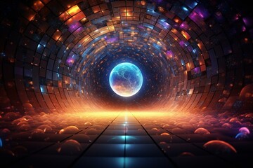 a sophisticated, artistic backdrop showcasing a 3d atomic structure, radiant circle, dynamic particles, cosmic tunnel, vibrant ellipses, and energetic spheres. Generative AI - obrazy, fototapety, plakaty
