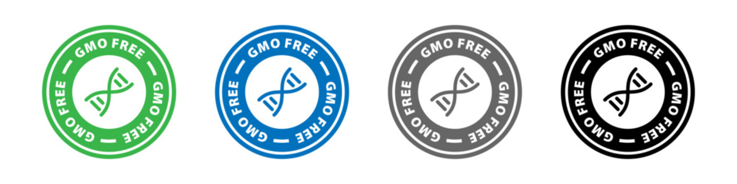 GMO free sticker, label, badge, stamp, emblem or sign. No GMO sticker. Eco, organic food or plants. Sign for products. Vector