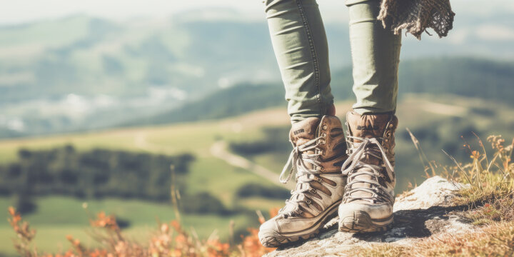 Invigorating close-up of a woman hiker's foot and shoe in free, untamed nature.