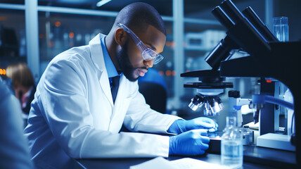Science, research and black man test tube for medical analysis and innovation in laboratory. Science, microscope with woman in laboratory for medical, pharmacy. Biotechnology, ecology, healthcare. - Powered by Adobe