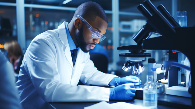 Science, research and black man test tube for medical analysis and innovation in laboratory. Science, microscope with woman in laboratory for medical, pharmacy. Biotechnology, ecology, healthcare.