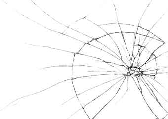 Broken glass as spider web or as bullet hole in the door photography, black and white isolated...